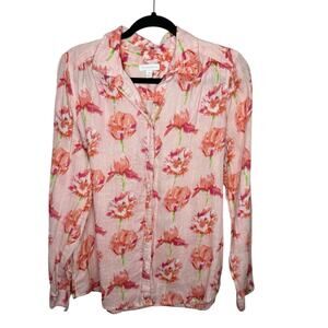 CHARTER CLUB / pink floral 100% linen long sleeve button up blouse top / M